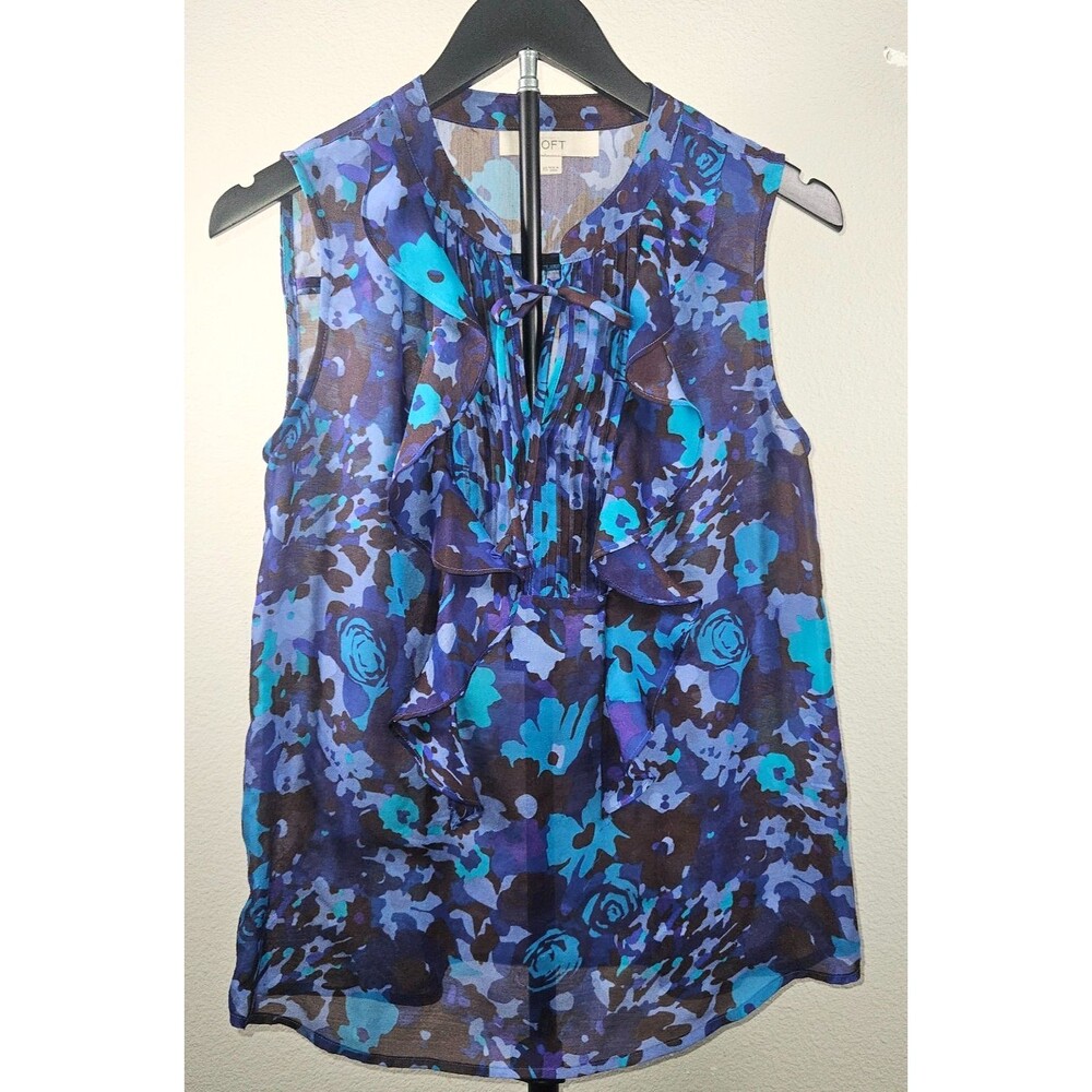 LOFT XS Blue Floral Ruffle‎ Sleeveless Blouse Sheer Tie Neck Career Top